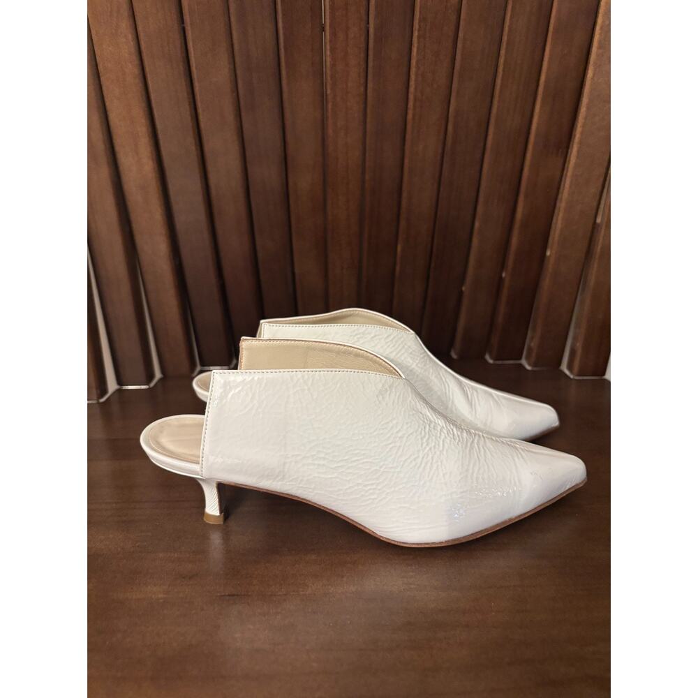 Tibi White Crinkled Patent Leather Pointed Toe Kitten Heel Mules Size 36
